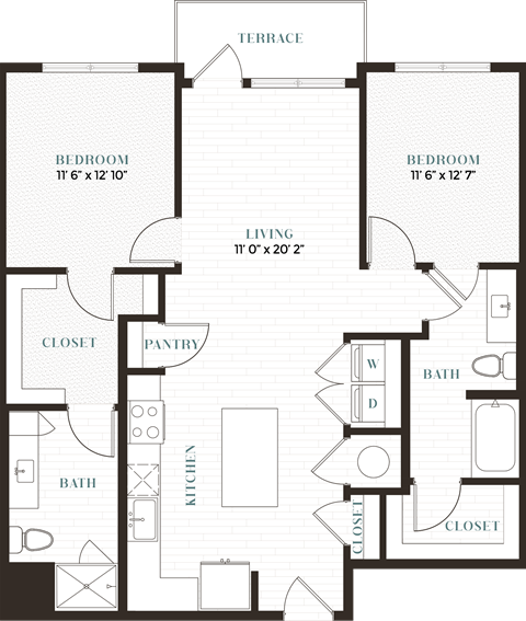 Floor plan for 2 beds, 2 baths, 1096 sqft